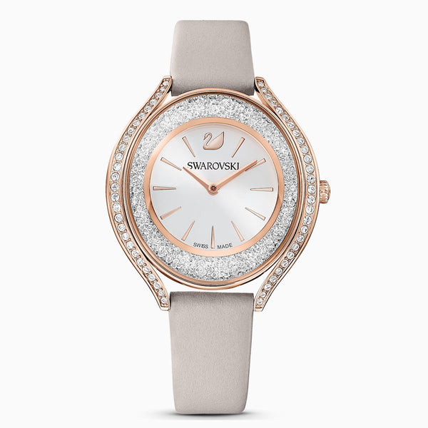 Crystalline Aura Watch, Leather Strap, Gray, Rose-gold Tone Pvd